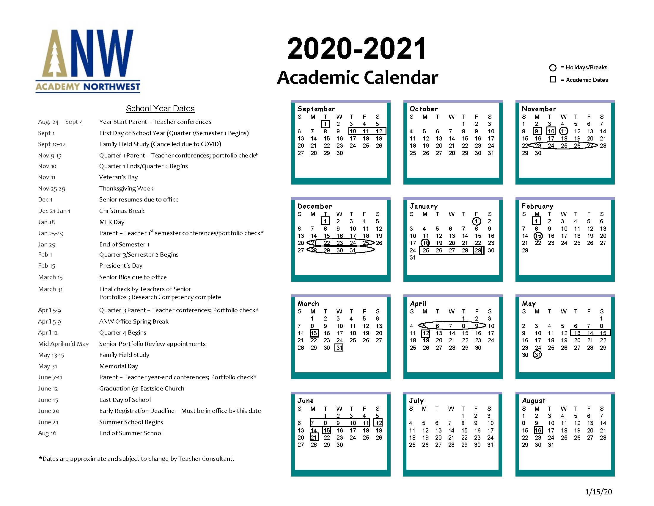 School Year Calendar Academy Northwest